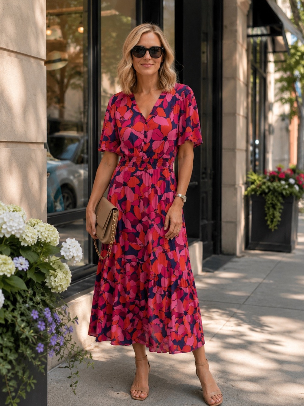 Anthropologie “Abel the Label” V-Neck Maxi Dress in Fuchsia Purple and Red Sz S